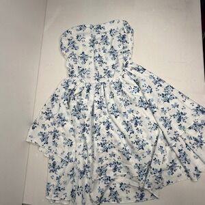 Women Blue White Floral Toile Strapless Tiered Ruffle Mini Dress Size XS 2